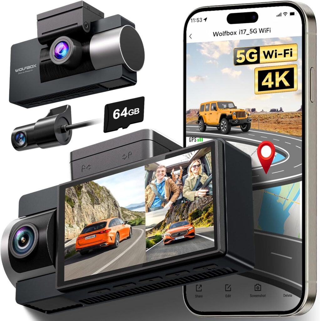 WOLFBOX i17 4K 3 Channel Dash Cam, 5.8GHz WiFi & GPS with 64GB Card, 4K+1080P+1080P Dash Cam Front and Rear Inside, Triple Car Camera with 3 Inch Screen, IR Night Vision, WDR, 24H Parking Mode