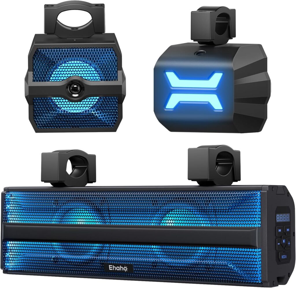 Ehaho 2.1CH Stereo UTV Sound Bar (Subwoofer) and Speakers, 17 Inch Bluetooth ATV Soundbar with RGB Lights, Waterproof Golf Cart Speakers, Marine Sound bar Compatible with SXS Polaris RZR Can-Am