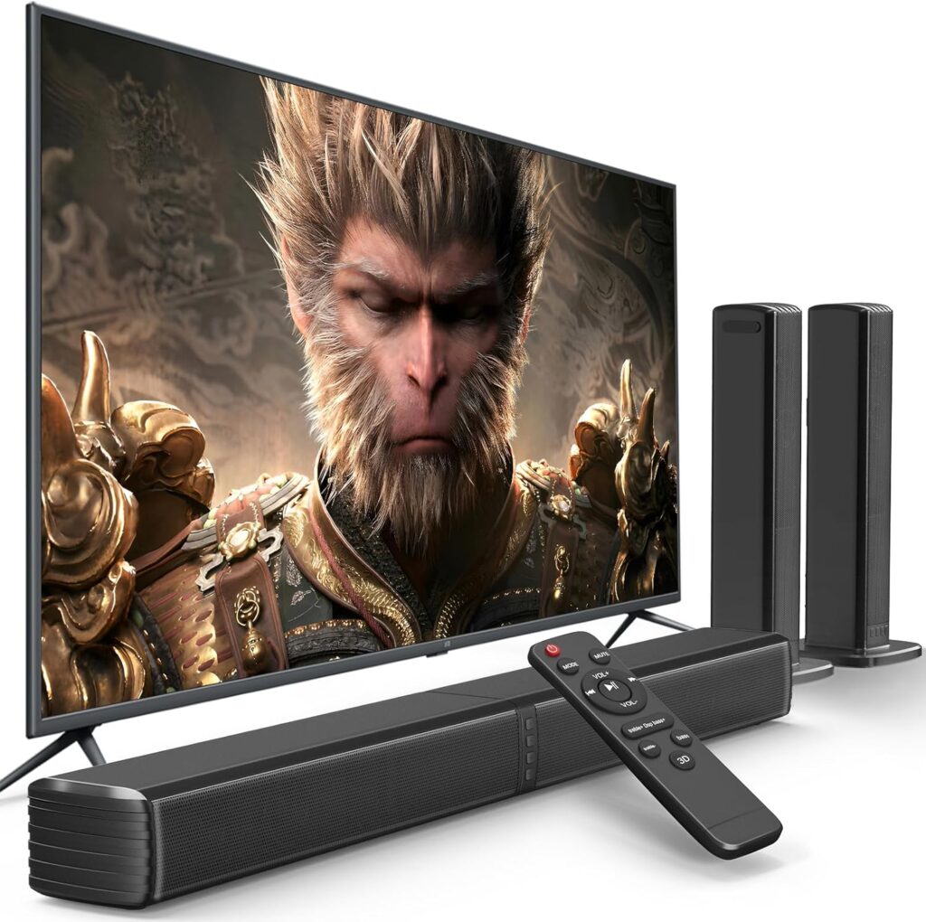 Sound Bar, Bass Speakers for Smart TV with Dual Subwoofer 3D Surround Sound System, 32 Inch 2.2CH Home Theater Audio Soundbar, HDMI ARC Connection, 2 in 1 Detachable & Wall Mountable
