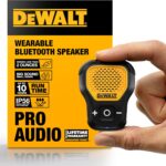 DEWALT Wearable Bluetooth Speaker (Updated Version), Clip-On Wireless Jobsite Pro Water-Resistant Portable Speaker (Non-Magnetic), Built-in Mic for Hands-Free Music/Calls, Bluetooth Speaker (Yellow)