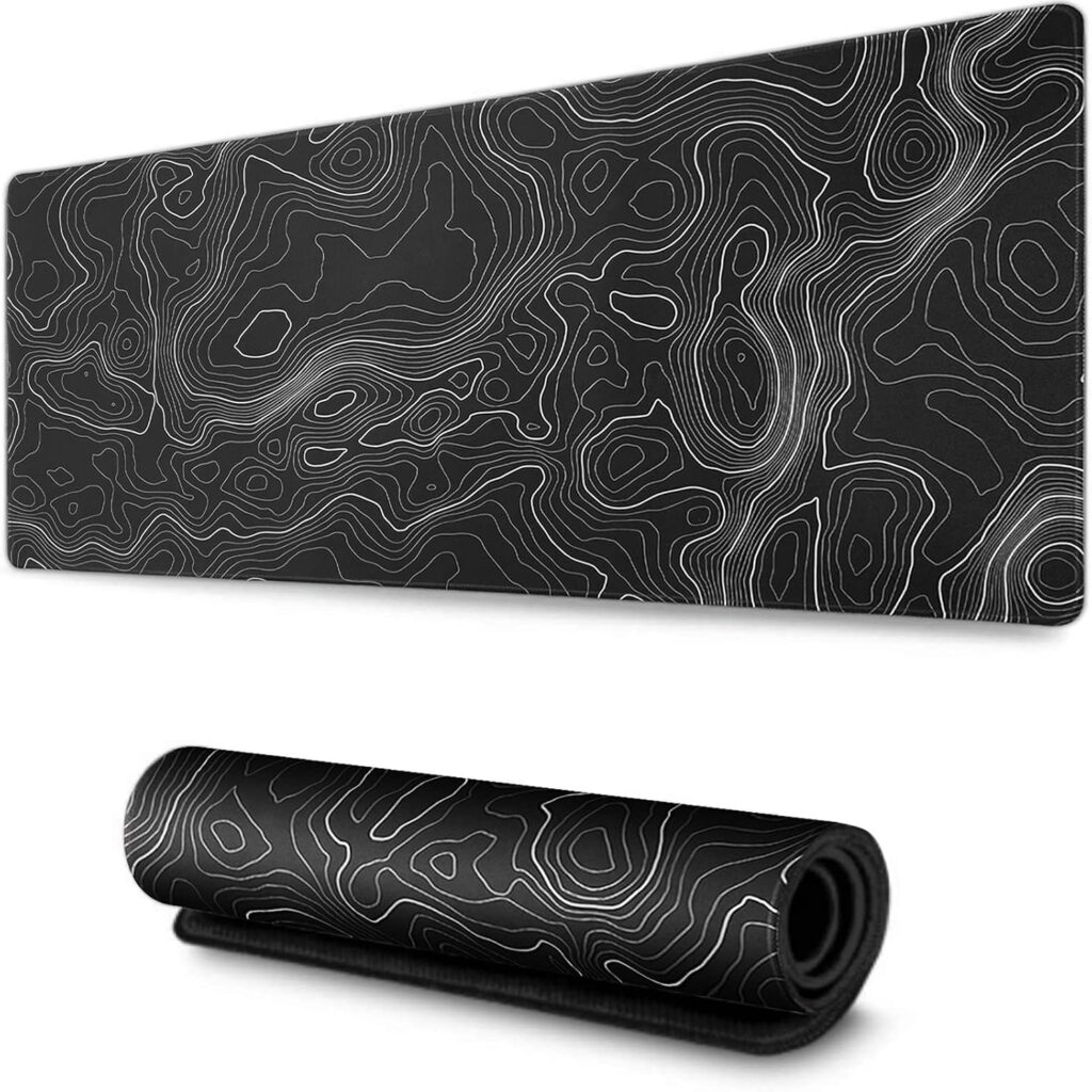 AQQA Black and White Topographic Line Mouse Pad (31.5 x11.8 in) Gaming Desk pad with Non-Slip Rubber Base,XL Professional Large Mouse Pad & Computer Game Mouse Mat for Office Laptop Men Women