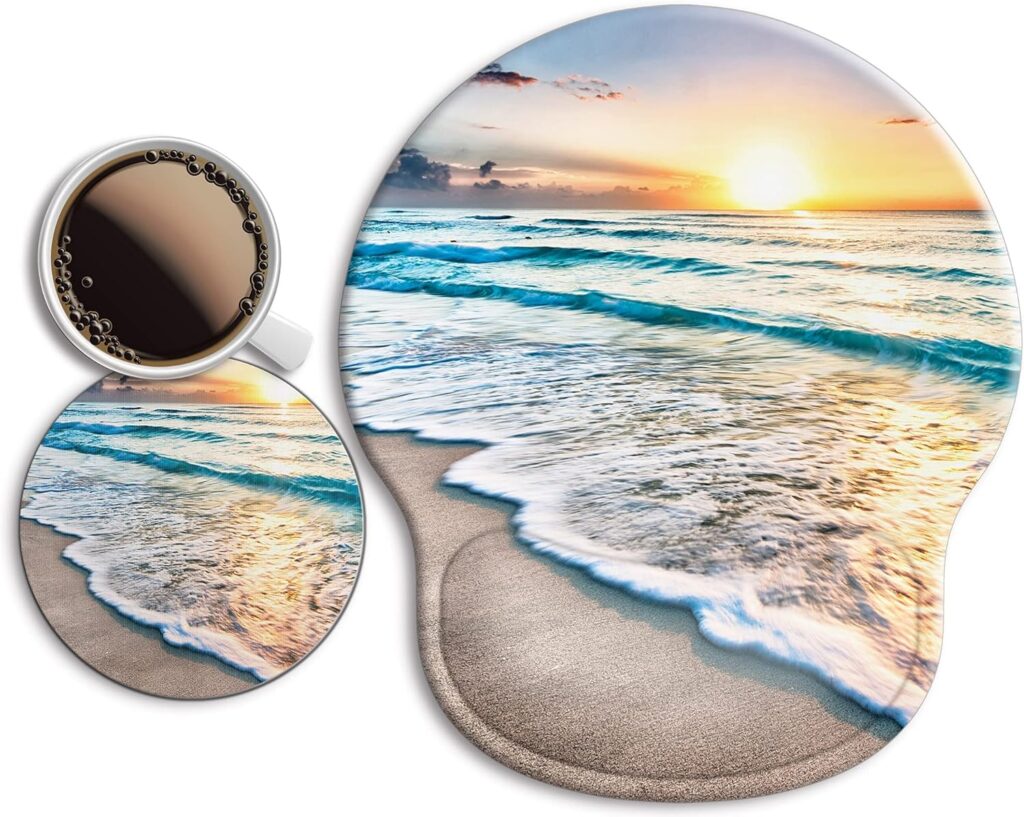 Ergonomic Mouse Pad with Wrist Support Rest,Large Mousepad Gel Wrist Rest, with Coaster Non-Slip & Pain Relief for Computer, Desk, Home&Office-Beach