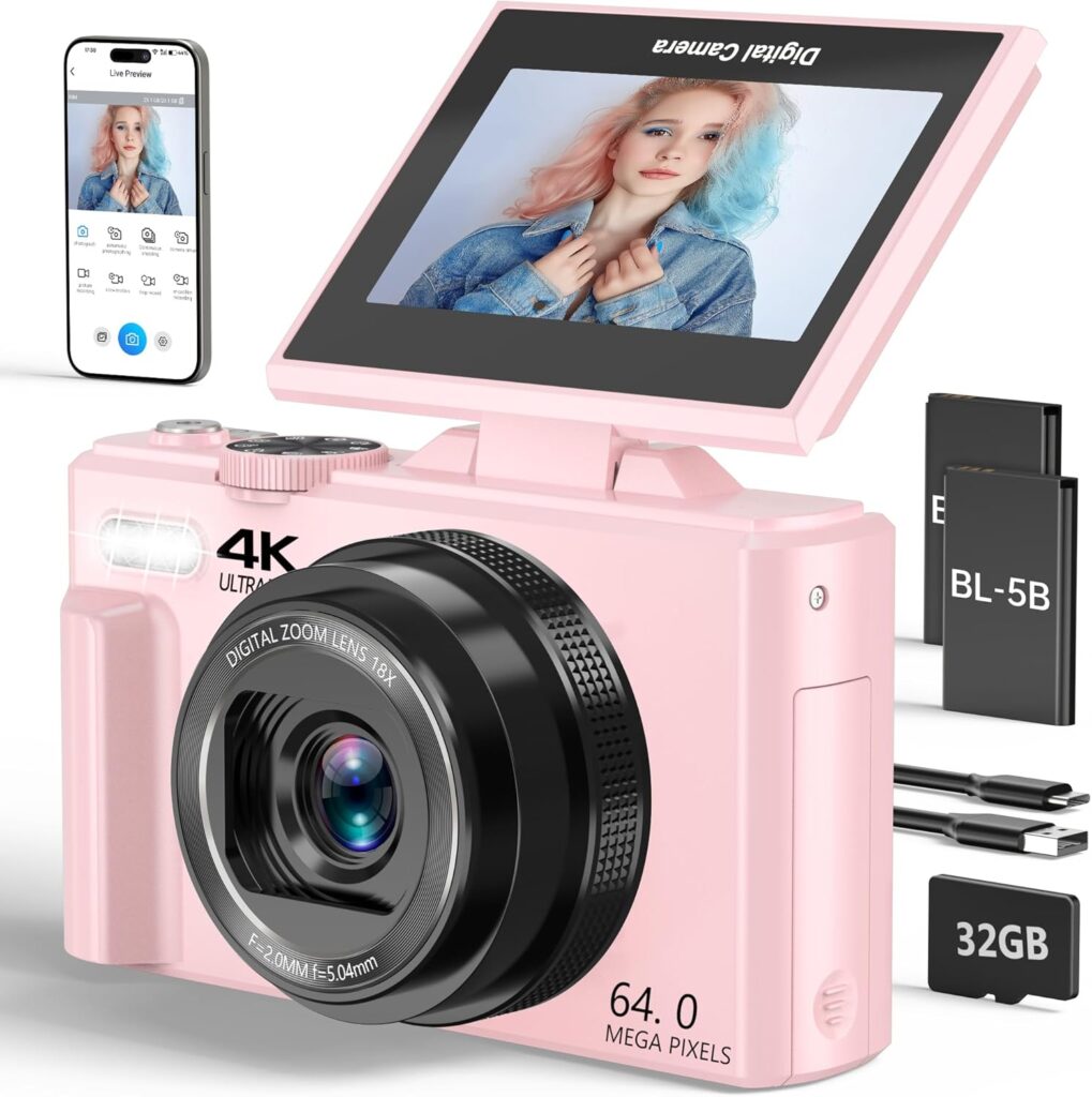 4K Digital Camera for Photography, 64MP Vlogging Camera for YouTube with 3″ 180° Flip Screen, 18X Digital Zoom Point and Shoot Camara with 32GB Micro SD Card for Beginner (Light Pink)