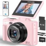 4K Digital Camera for Photography, 64MP Vlogging Camera for YouTube with 3″ 180° Flip Screen, 18X Digital Zoom Point and Shoot Camara with 32GB Micro SD Card for Beginner (Light Pink)