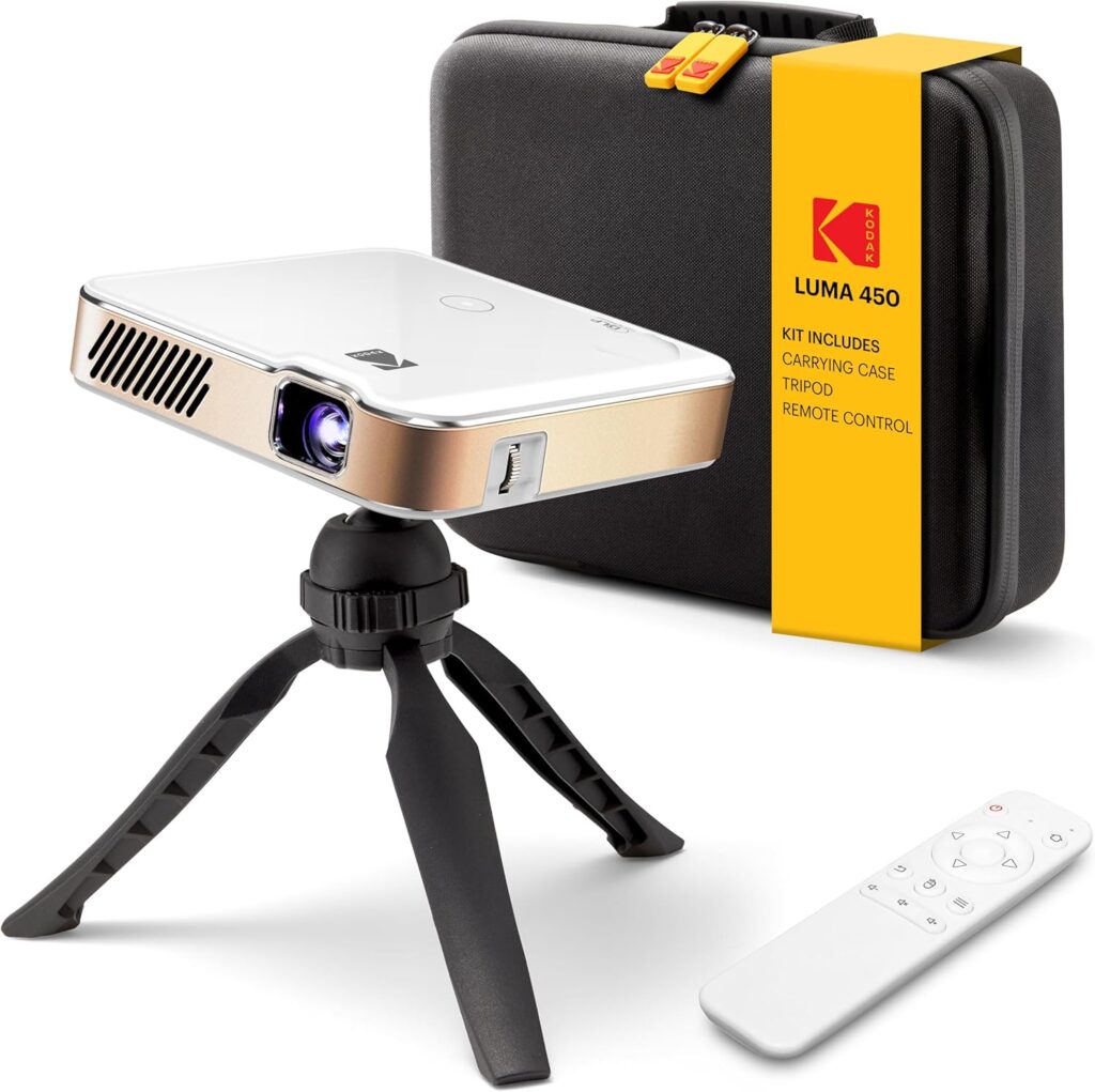 Kodak Luma 450 Portable Native 1080p Projector – 150 ANSI Lumens, Wi-Fi, Bluetooth, HDMI/USB, Supports 4K Input, Includes Case, Up to 150″ Display