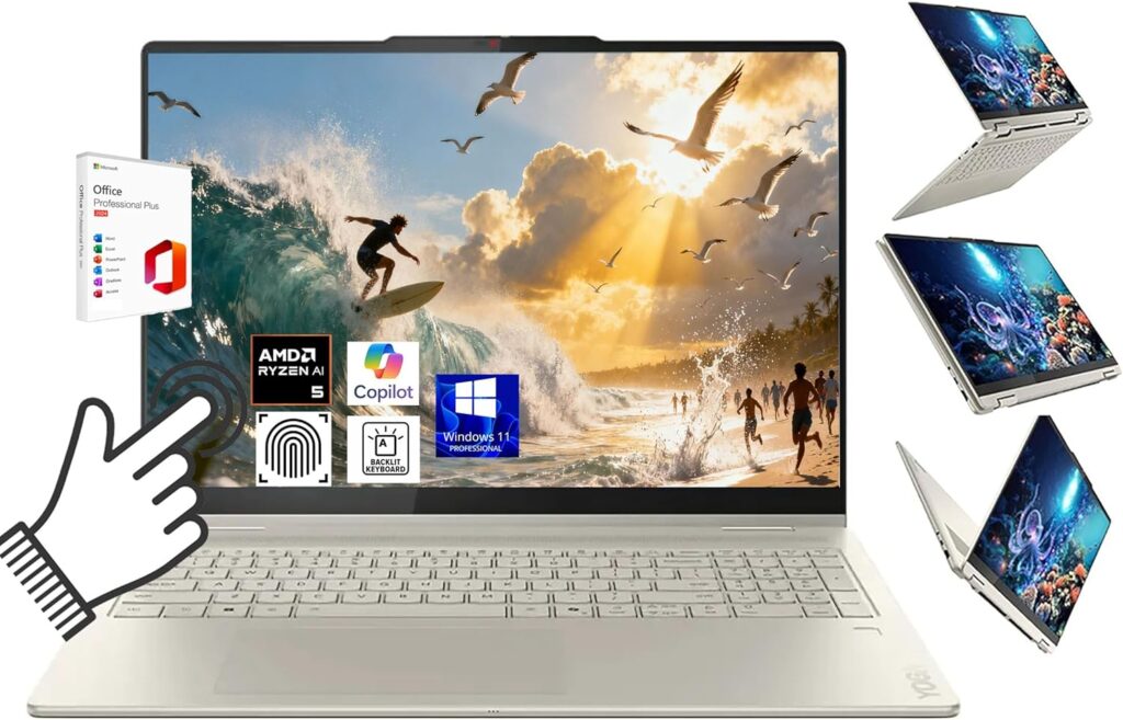 Lenovo Yoga 7 2-in-1 Laptop 16“ 2K Touchscreen, AMD Ryzen AI 5 340 Up to 4.8GHz, 16GB LPDDR5X, 1TB SSD, WiFi 7, Backlit KB, Fingerprint, one Year Office, Win11 Pro, Linear Pen +BWE Accessories