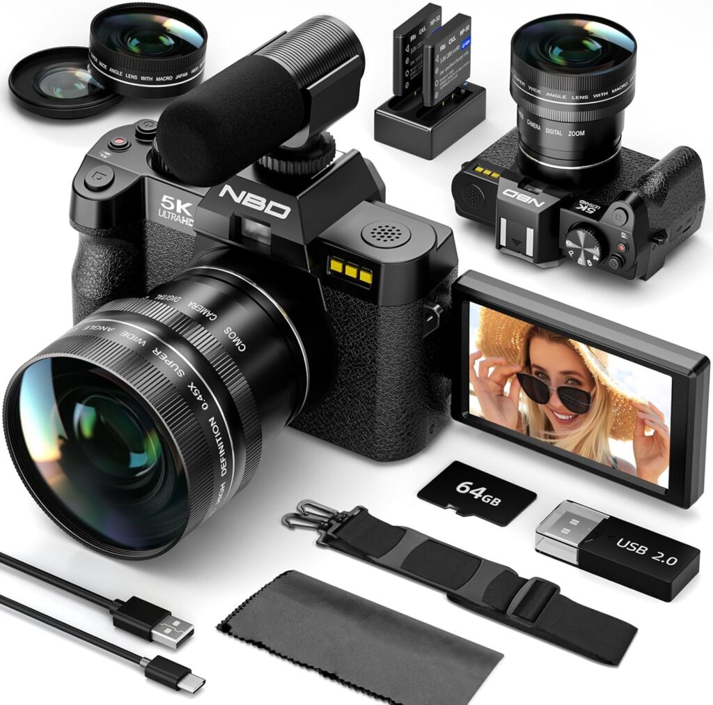 NBD 5K Digital Cameras for Photography – 16X Zoom Travel Camera with 180° Flip Screen, 64MP Vlogging Cameras Fotograficas for YouTube, Auto Focus, Macro Lens, 2 Batteries & 64GB TF Card(Black)
