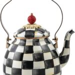 MACKENZIE-CHILDS Enamel Tea Kettle, Stylish Tea Kettle for Stovetop, Black-and-White Courtly Check, 2 Quarts