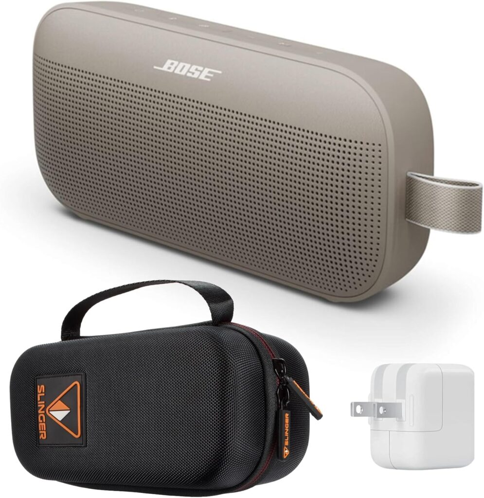 Bose SoundLink Flex Portable Bluetooth Speaker (2nd Gen), Outdoor Speaker with Hi-Fi Audio, Up to 12 Hours Battery, Waterproof and Dustproof, with Slinger Hard Travel Case & USB Plug (Sandstone)