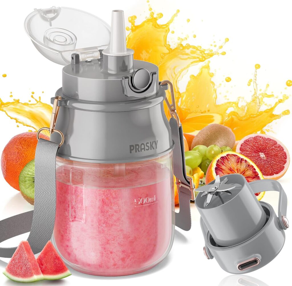 Portable Blender, Prasky Personal Blenders for Shakes and Smoothies with 27oz Cup, Lid and Shoulder Strap, Type-C USB Rechargeable, Personal Size Blenders BPA-free for Travel/Kitchen (Light Gray)