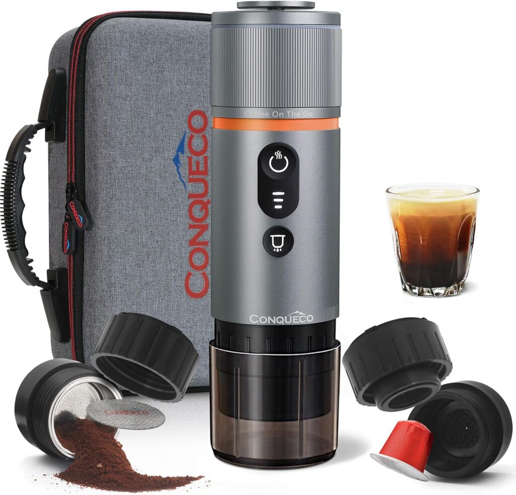 CONQUECO Portable Espresso Machine Travel: 12v Car Coffee Maker with Battery for Camping – Small Electric – 2.5 Mins Heating – Set With Ground Coffee & NS Capsule & Handbag for RV, Hiking, Office