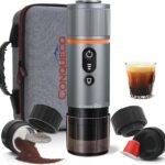 CONQUECO Portable Espresso Machine Travel: 12v Car Coffee Maker with Battery for Camping – Small Electric – 2.5 Mins Heating – Set With Ground Coffee & NS Capsule & Handbag for RV, Hiking, Office