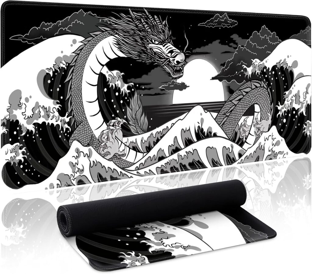 Wave Sea Dragon Gaming Mouse Pad Large Desk Mat Extended Black Keyboard Mouse Pad Gaming Mousepad with Non-Slip Base Stitched Edge Anime Mouse Mat Desk Pad 31.5 X 11.8 Mouse Pads for Desk Home Office