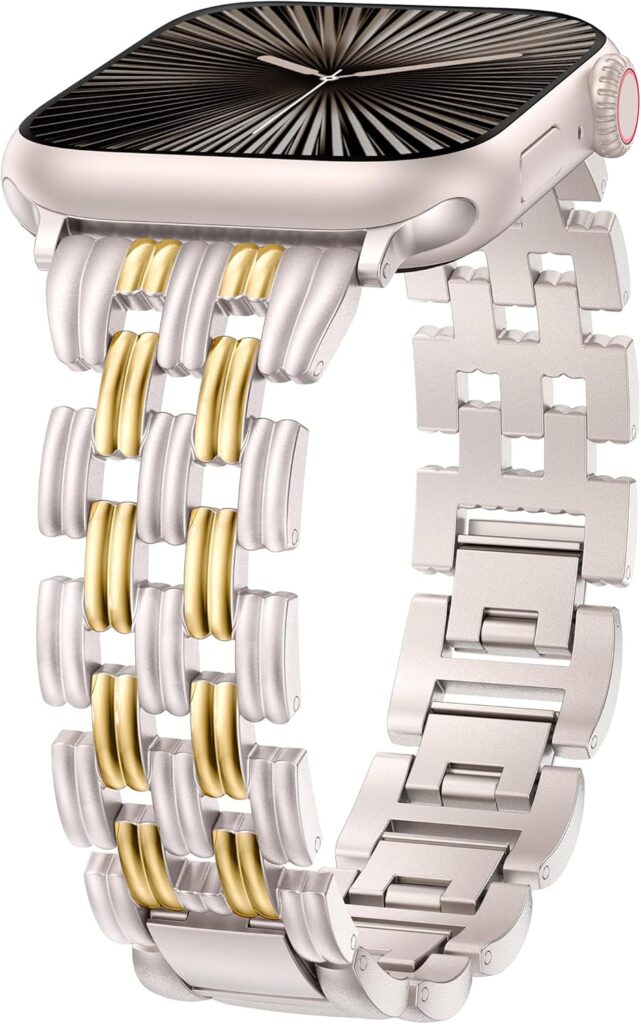 Minyee Compatible with Apple Watch Band Women 42/41/40/38/44/45/46/49mm, Dressy Starlight Gold Shiny Basketweave Designer Stainless Steel Metal Strap for iWatch Series 11 10 9 8 7 6 5 3 2 1 SE Ultra