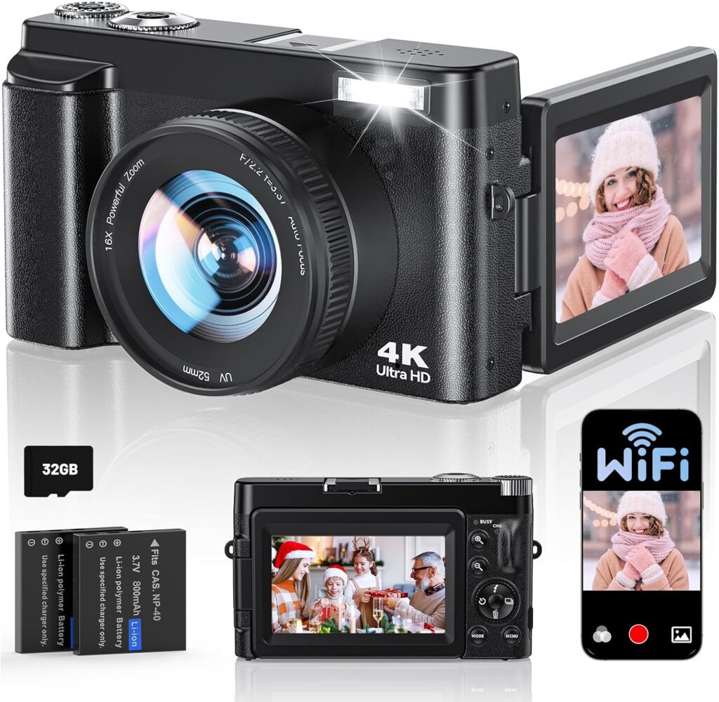 4K Digital Camera for Photography, WiFi Autofocus 64MP Vlogging Camera for YouTube, 180° 3″ Flip Screen 30FPS Video Cameras with Flash Anti-Shake 16X Zoom 32GB Card, Compact Travel Digital Camera