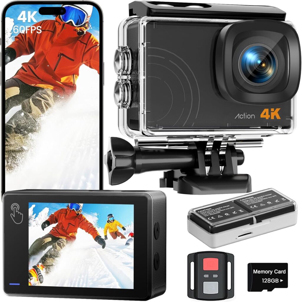 Action Camera 4K 60FPS 48MP, EIS Sports Camera with 128GB Card,131FT Underwater Waterproof Camera with Case, 2inch Touch Screen, 8X Zoom, Remote Control, Batteries & Mounting Kits