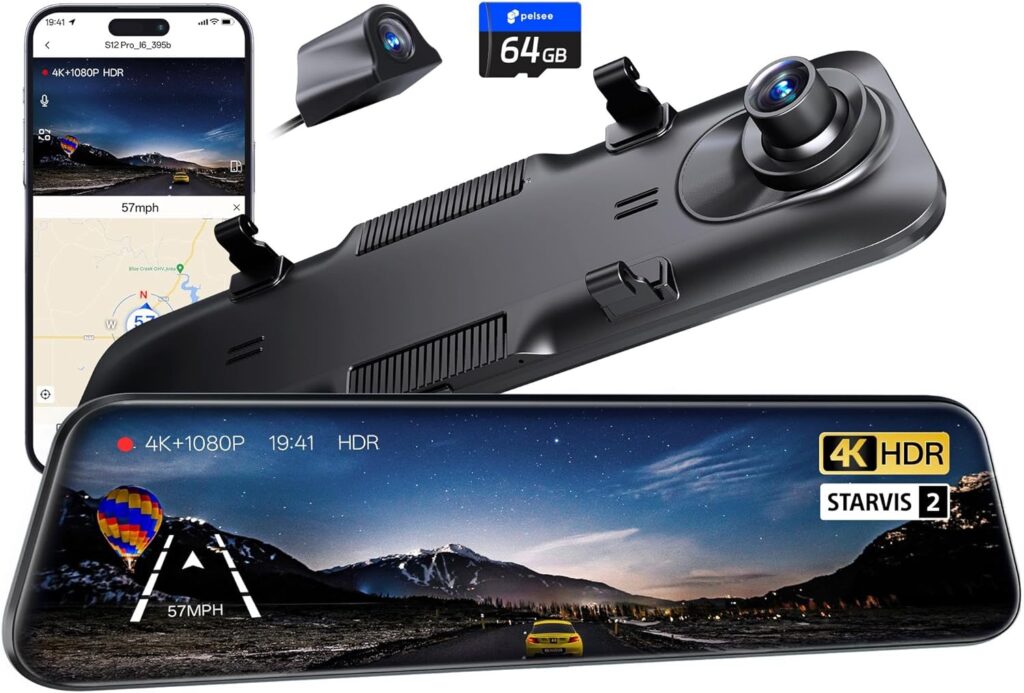 Pelsee S12 Pro Mirror Dash Cam with STARVIS 2 Sensor, Rear View Mirror Camera 5.8GHz WiFi, 4K Front and 1080P Rear Backup Camera for Car, ADAS &BSD, Voice Control, Color Night Vision, 64G Meomory Card