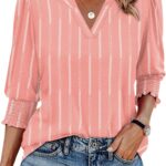 XIEERDUO Blouses for Women Dressy Casual 3/4 Length Sleeve Womens Tops V Neck T Shirts with Smocked Cuffs
