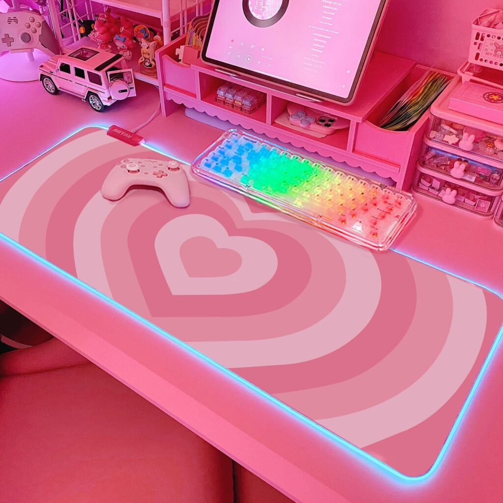 JMIYAV Pink Love Heart RGB Gaming Mouse Pad 31.5×12 Inch PC XL Large Extended Glowing Led Light Up Cool Mouse pad Desk Pad Non-Slip Rubber Computer Mouse Pad Cute Mousepad Mat 31.5×12 Inch