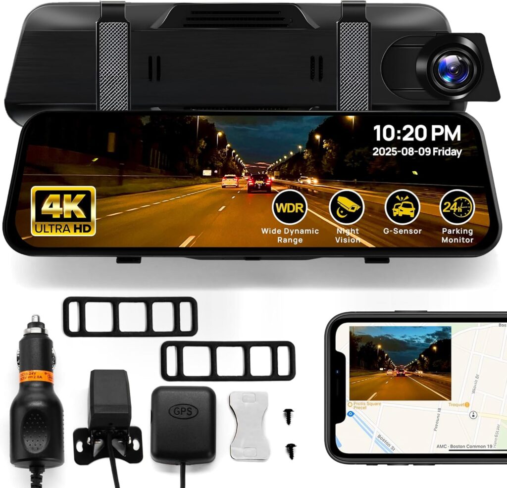 RIVELA 10” Rear View Mirror Camera – 4K Touchscreen Digital Rearview Mirror with GPS, G-Sensor, Loop Recording, Night Vision, 170° Wide Angle, Backup Dash Cam for Cars & Trucks, Easy Installation