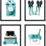 Poster Master 4-Piece Turquoise Blue Designer Print – Fashion Poster – Handbag, Shoes & Perfume Art – Gift for Her & Fashionista – Chic Decor for Bedroom or Girl’s Room – 11×14 UNFRAMED Wall Art