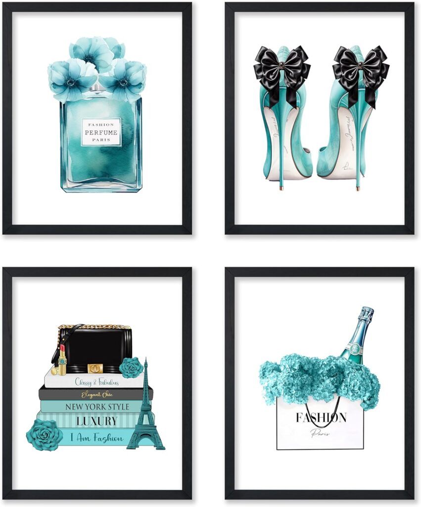Poster Master 4-Piece Turquoise Blue Designer Print – Fashion Poster – Handbag, Shoes & Perfume Art – Gift for Her & Fashionista – Chic Decor for Bedroom or Girl’s Room – 11×14 UNFRAMED Wall Art