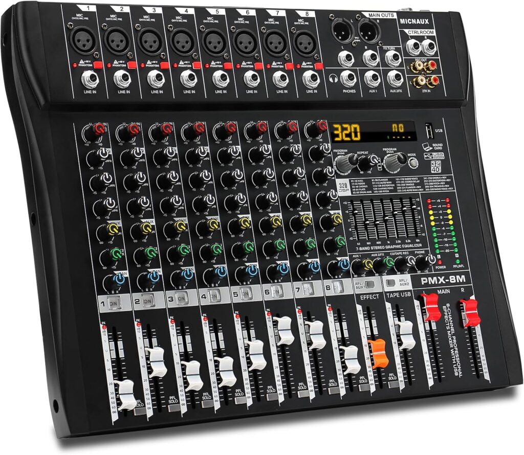 Audio Mixer 8 Channel Professional Mixer Console with 320 DSP Effects, 7-band EQ Sound Mixing Board Digital DJ Mixer w/USB Bluetooth MP3 for Recording, Independent 48V Power & Mute Button
