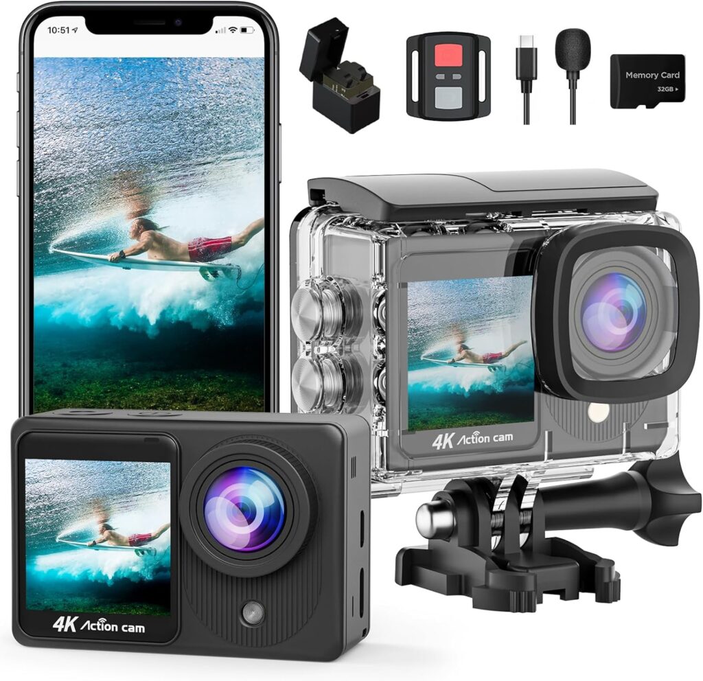 4K30FPS Dual Screen Action Camera, Pre-recording HD 20MP Touchscreen Video Camera, 131FT Waterproof Cameras,2.4G Remote Control 170°Sports Camera with 32G SD Card, 2 Batteries Helmet Accessories Kit