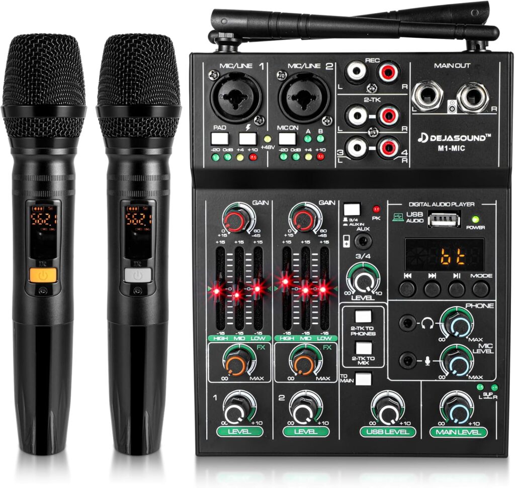 Pro 5 Channel Audio Mixer Mic Set for Live Streaming, Family Karaoke, Studio Recording, Bluetooth Dual Wireless Microphone System with USB Interface & 48V Phantom Power