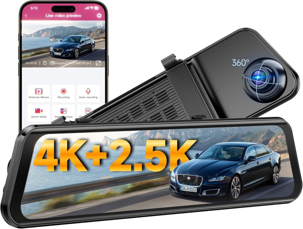 OMBAR 4K+2.5K Rear View Mirror Camera with ADAS BSD and LCA, 12″ Smart Mirror Dash Cam with 5.8GHz WiFi, Rearview Mirror Camera with GPS G-Sensor, Parking Monitor, Loop Recording, 64GB Card Includes