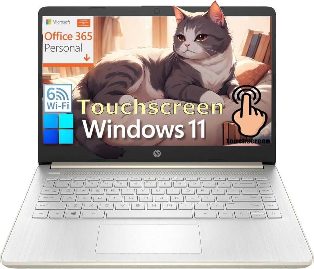 HP Touchscreen Laptop Computer for Home Student Study, 1-Year Office 365, Intel Processor, 14 inch Display, WiFi 6, Bluetooth, Type-C, HDMI, Windows 11 Home S, Pale Gold (4GB DDR4 RAM, 64GB eMMC)