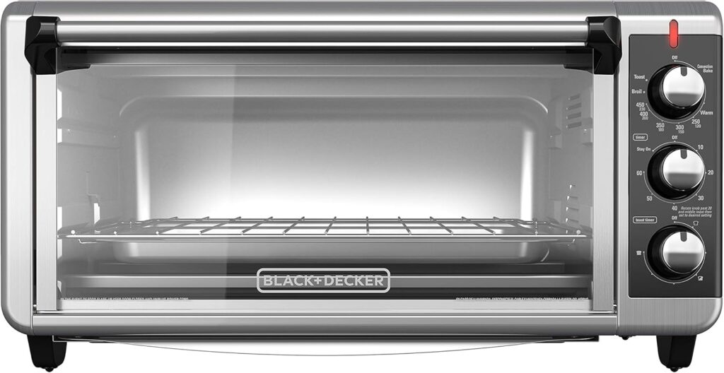 BLACK+DECKER 8-Slice Extra Wide Convection Toaster Oven, Fits 9″x13″ Oven Pans and 12″ Pizza, Bake, Toast, Broil, and Keep Warm Functions, Countertop Compact Design with Stainless Steel Finish