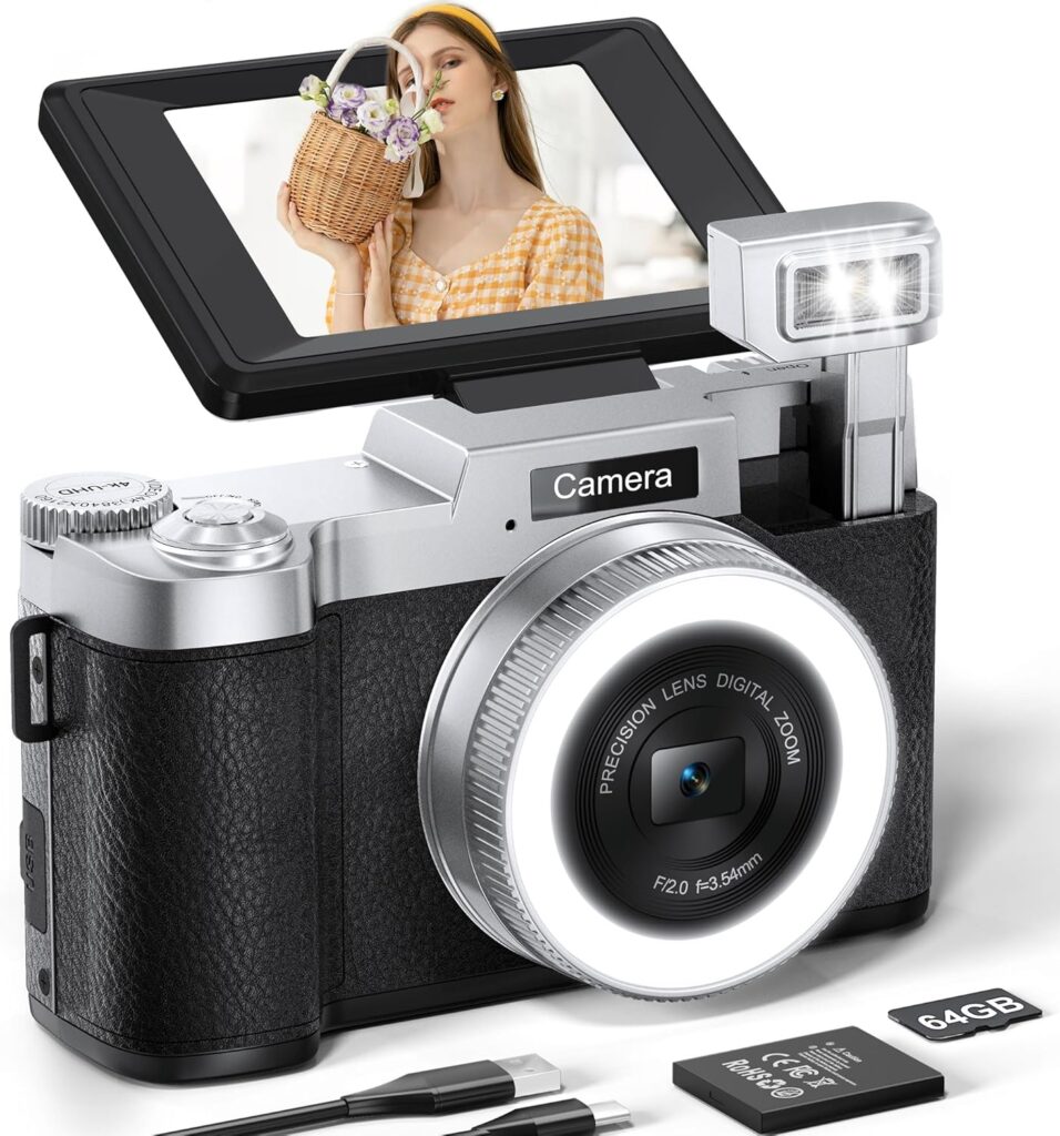 FLATIC Digital Camera, 4K 64MP Cameras for Photography with 64GB Card, 18X Zoom Autofoucs Vlogging Camera for YouTube with 180° Flip Screen, Compact Vlog Travel Camera Kit for Beginner, Teens