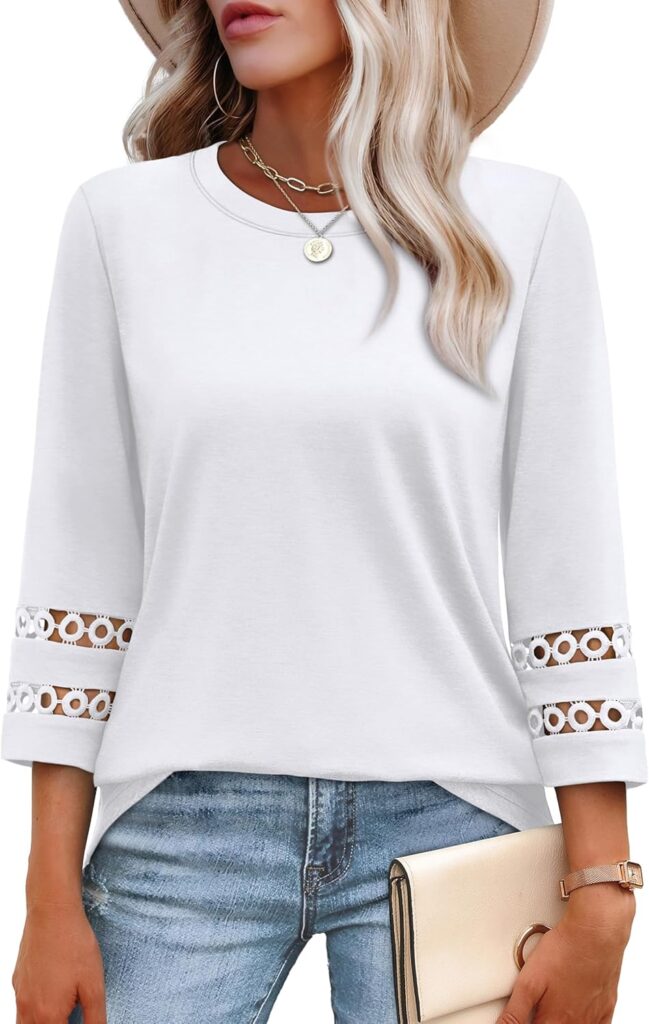 XIEERDUO 3/4 Length Sleeve Womens Tops and Blouses Dressy Casual Crewneck T Shirts Fashion Clothes Loose Fit Trendy