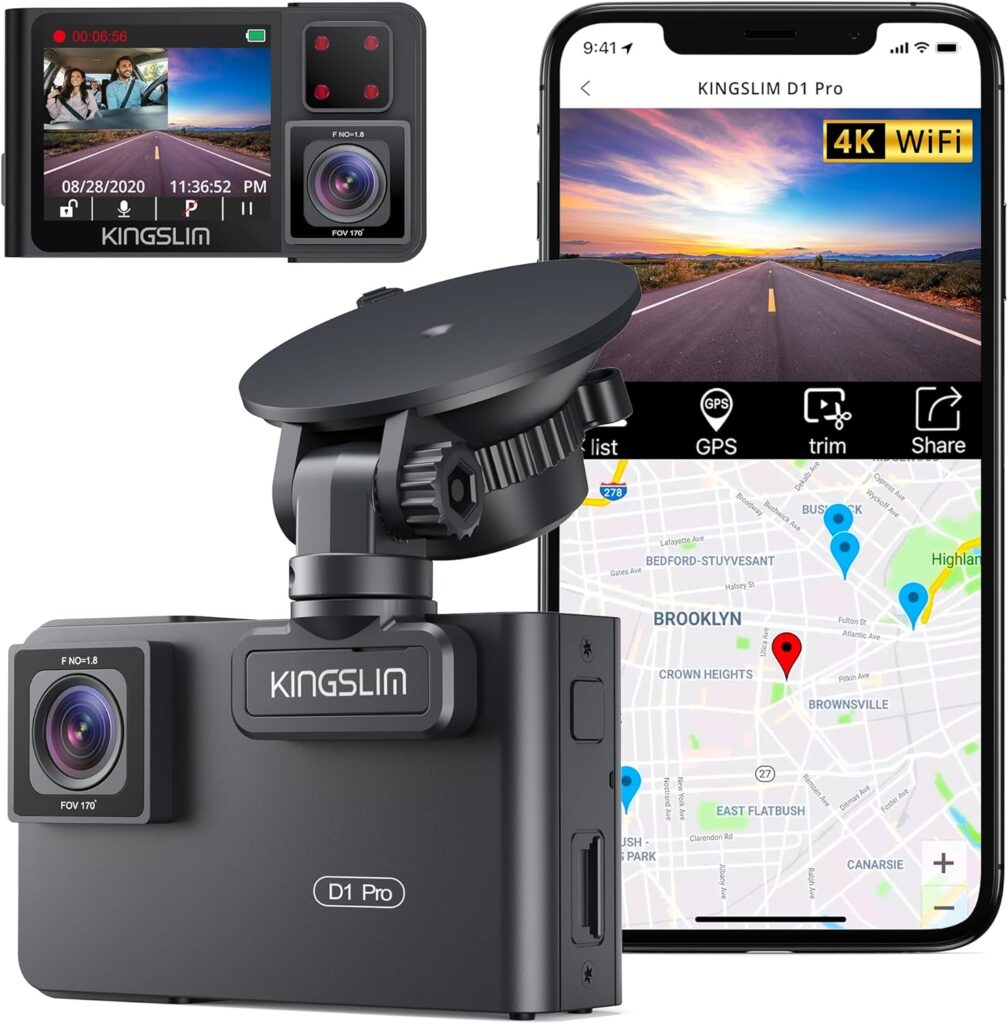 Kingslim D1 pro Dual Dash Cam 4K Record Inside – Front and Inside Dash Camera GPS WiFi for Cars Uber Truck, Dashcam with Infrared Night Vision, G-Sensor, Loop Recording(Upgraded Version)