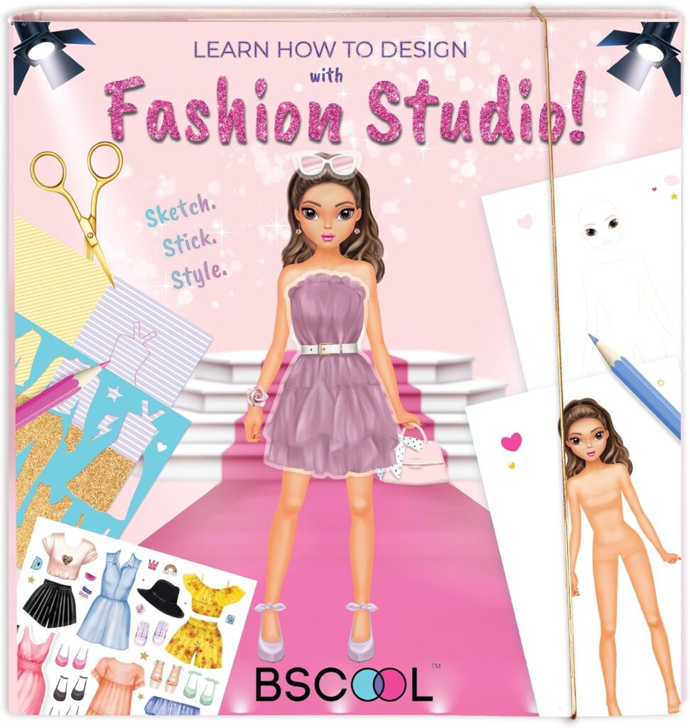 BSCOOL Fashion Studio Drawing, Coloring & Little Designer Creativity Book for Kids 4 and Up with Stickers, Stencils, Textures – Creative Fashion Design Sketchbook for Girls