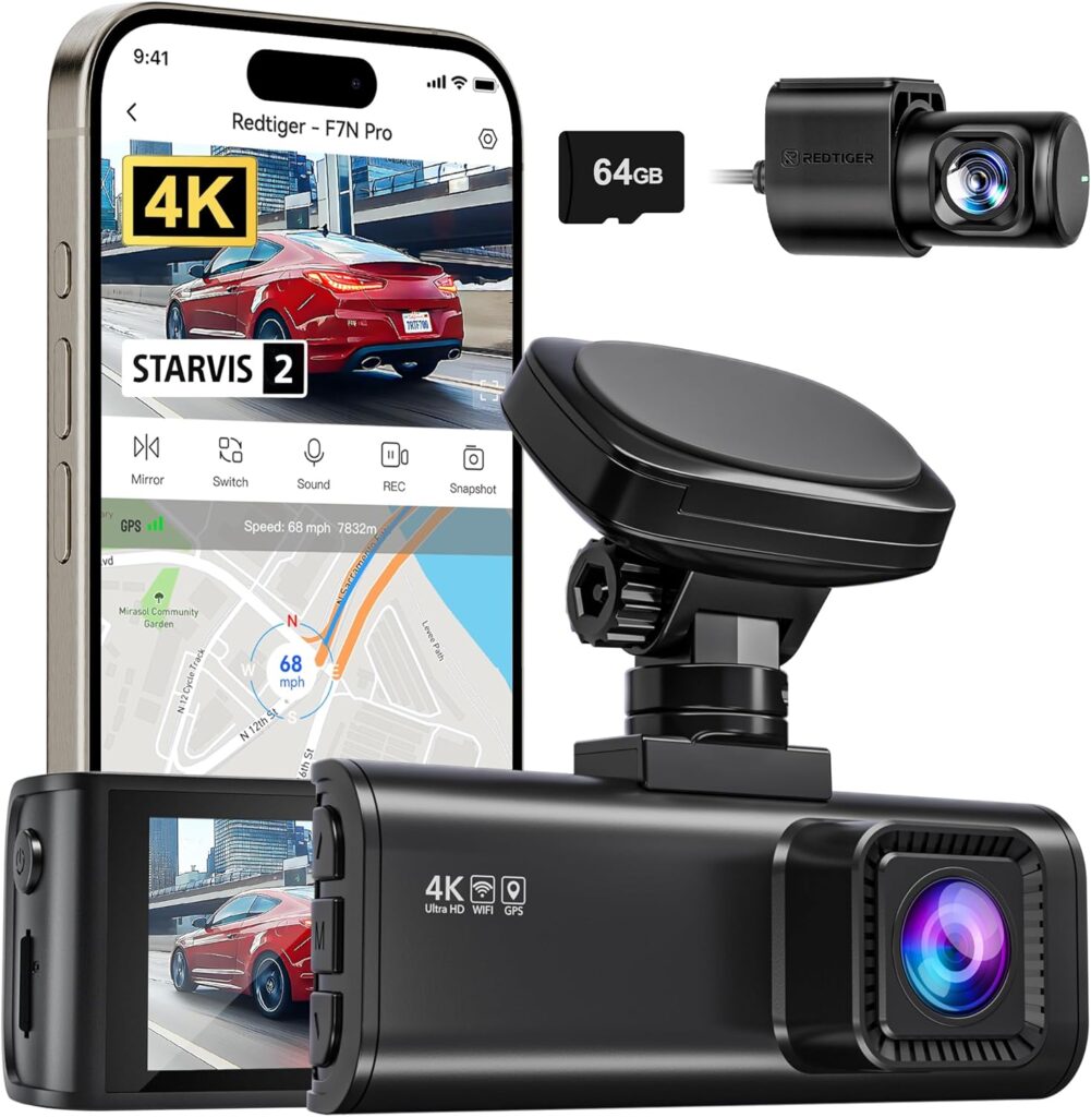 REDTIGER 4K Dash Cam Front and Rear, STARVIS 2 Sensor, 64GB Card Included, 4K/2.5K+1080P Dual Dash Camera for Cars Built-in WiFi GPS, 3.18 Inch IPS Screen, 170° Wide Angle, Parking Monitor (F7N Pro)