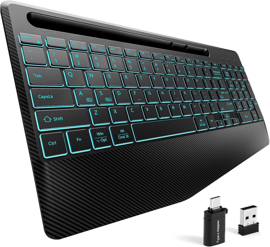 Hamile 2.4G&Bluetooth Wireless Keyboard – Light Up Keyboards with Wrist Rest – 8 Backlit Effects – Slim Rechargeable Silent with Holder for Windows, Mac, Black