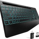 Hamile 2.4G&Bluetooth Wireless Keyboard – Light Up Keyboards with Wrist Rest – 8 Backlit Effects – Slim Rechargeable Silent with Holder for Windows, Mac, Black