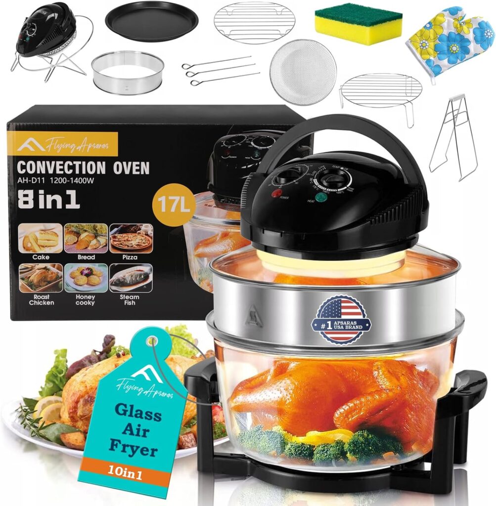 APSARAS USA Upgraded 10 in1 Glass Air Fryer Non Toxic,17 Quart Convection Oven Countertop Air Fryer Glass, Healthy Kitchen Bake,Grill,Steam Broil, & Roast -Includes Bowl,Broil Rack,Toasting Rack