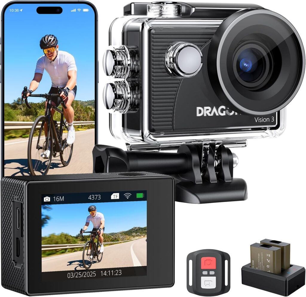 Dragon Touch 4K Action Camera 20MP Vision 3 Underwater Waterproof Camera 170° Wide Angle WiFi Sports Cam with Remote 2 Batteries and Mounting Accessories Kit