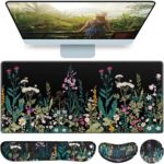Desk Mat, Large Gaming Mouse Pad with Wrist Rest, 4in1 XXL Mousepad+Keyboard Wrist Rest+Mouse Pad Wrist Support+Cup Coaster Set Ergonomic Floral Computer Desk Arm Wrist for Decor Home Office Women