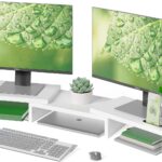 BONTEC Dual Monitor Stand Riser with Smartphone Holder, Adjustable Length & Swivel Angle, Ergonomic Wooden Desktop Organizer for PC Monitor, Laptop, Printer, Large Storage, White