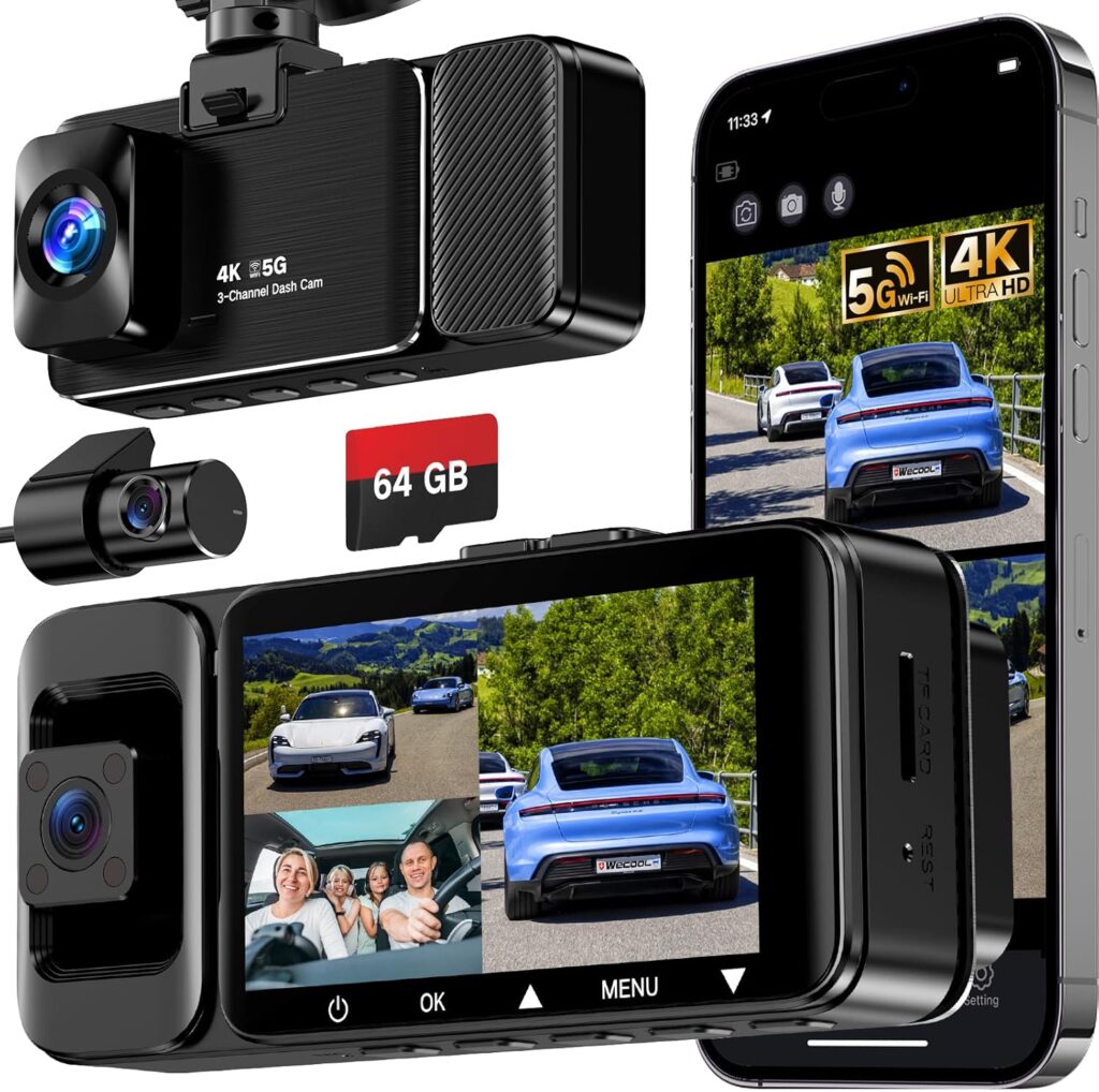 WECOOL 3 Channel Dash Cam Front and Rear Inside, 4K Ultra HD & 470° Wide-Angle Full-View Dash Camera for Cars with 64GB Card, 24H Parking Monitor, G-Sensor, Loop Recording, Night Vision, 5GHz WiFi