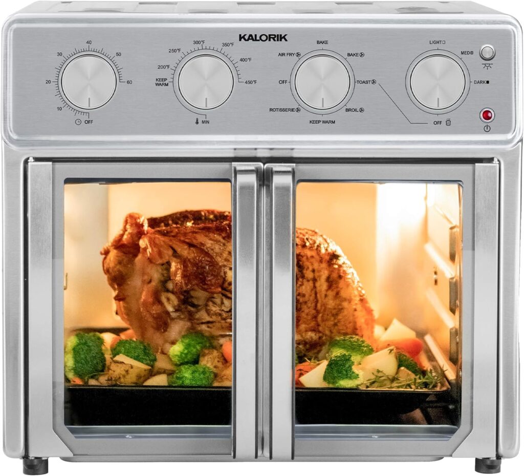 Kalorik MAXX Air Fryer Oven, 26 Quart 9-in-1 Countertop Toaster Oven and Air Fryer Combo – Fry, Bake, Roast, Rotisserie, & More, Large Glass French Doors & 7 Accessories, 1700-Watts, Stainless Steel