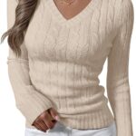 ANRABESS Womens Long Sleeve Cable Knit Sweater 2025 Fall Fashion V Neck Fitted Pullover Top Business Casual Work Fall Outfits