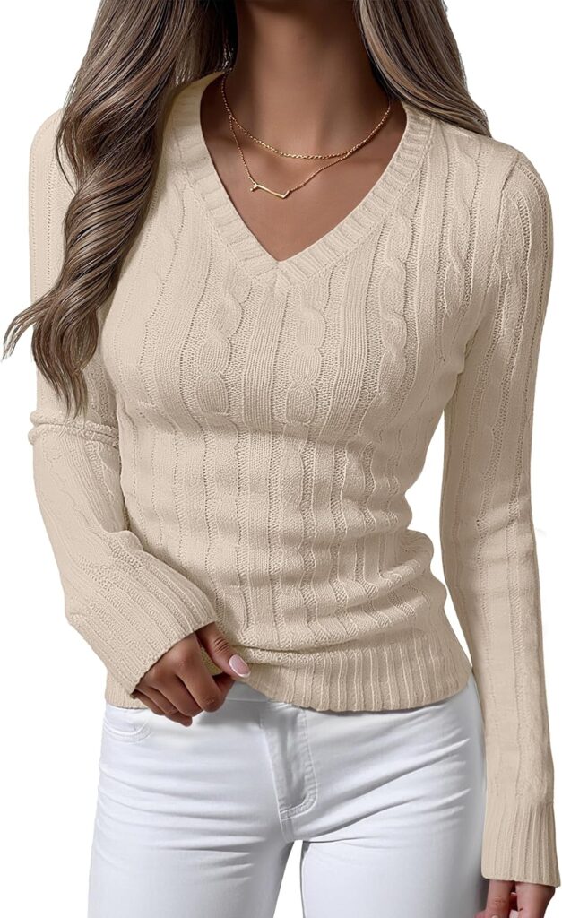 ANRABESS Womens Long Sleeve Cable Knit Sweater 2025 Fall Fashion V Neck Fitted Pullover Top Business Casual Work Fall Outfits
