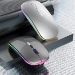 Wireless Bluetooth Mouse Rechargeable Laptop Mouse Portable LED Powered Display Computer Mice Use(BT5.2 or USB 2.4G) Dual Mode Connection Silent Slim Mice for Laptop Tablet/MacBook/PC (Silver)