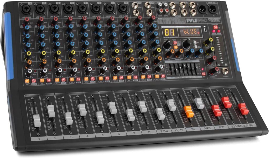 PYLE 12-Channel Bluetooth Studio Audio Mixer – DJ Sound Controller Interface with USB Drive for PC Recording Input, RCA, XLR Microphone Jack, 48V Power, For Professional and Beginners – PMXU128BT