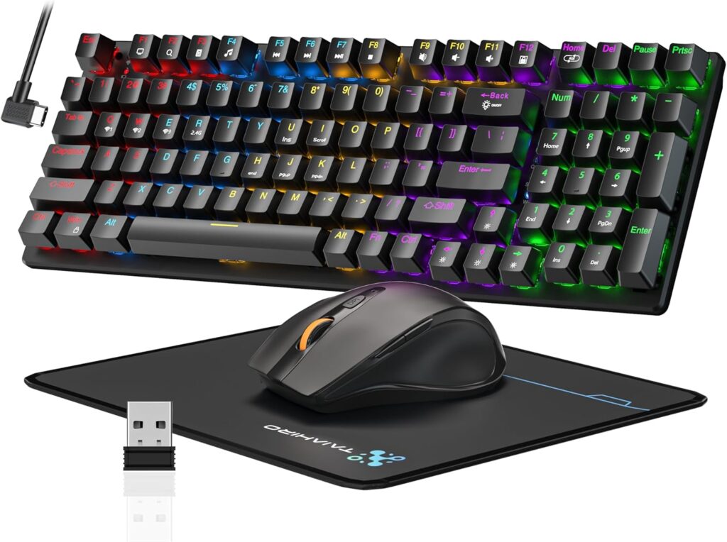 Wireless Mechanical Gaming Keyboard and Mouse, 98 Keys RGB Backlit Blue Switch Keyboards, Ergonomic Wireless Gaming Mice with Mouse Pad, 3-Mode USB-C/2.4G/BT5.0, Anti-Ghosting for PC Laptop Gamer